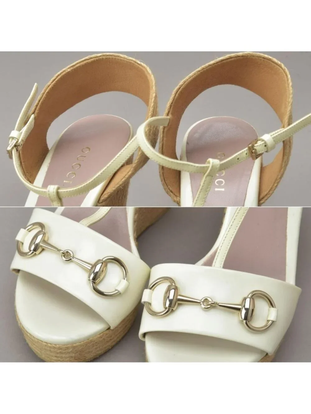Gucci Horsebit Wedge Sole Sandals Enamel White 34